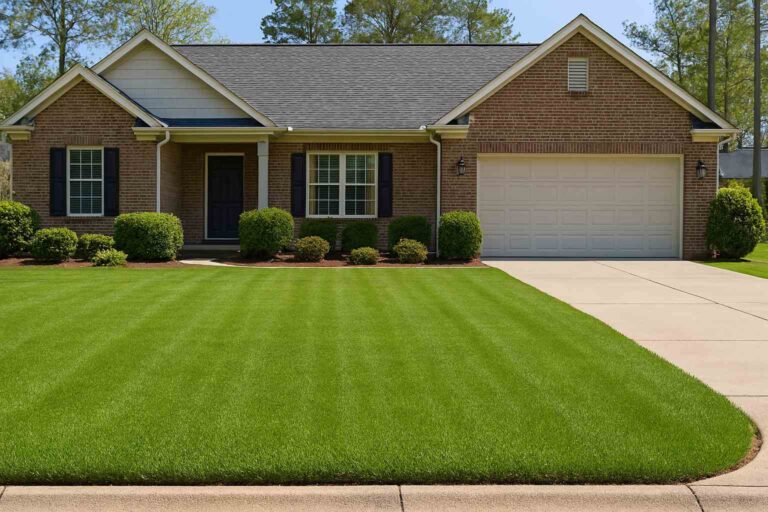 Healthy, dense green lawn in early spring at a Southern Pines home, free of weeds and evenly maintained.