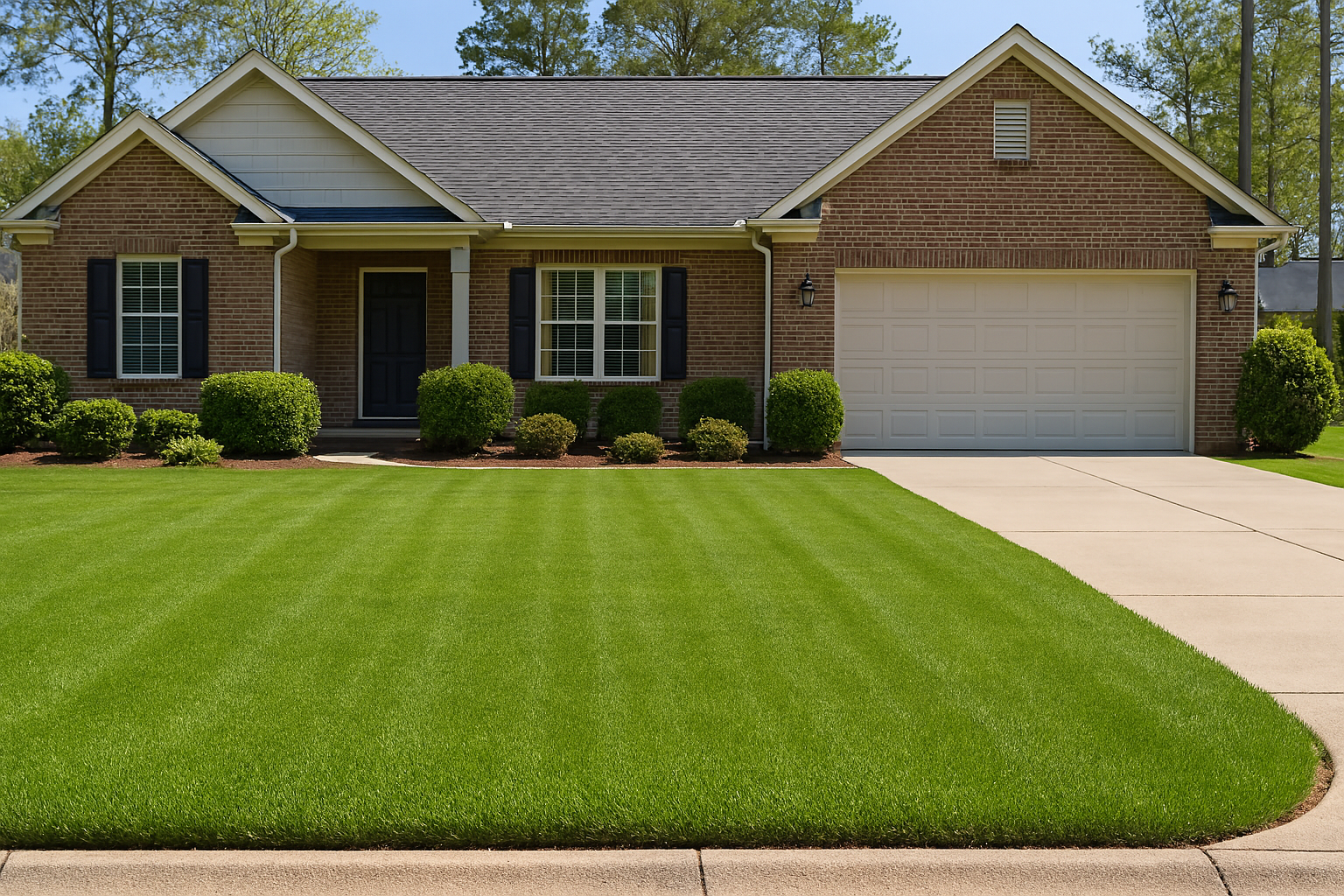 Healthy, dense green lawn in early spring at a Southern Pines home, free of weeds and evenly maintained.