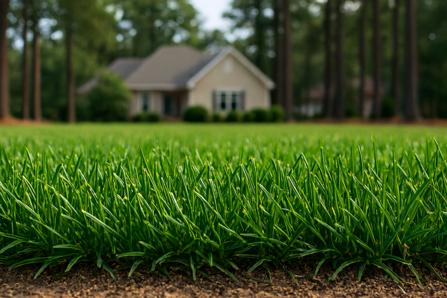 Close-up of thick turfgrass covering soil in a Pinehurst yard, showing strong early-season lawn density.