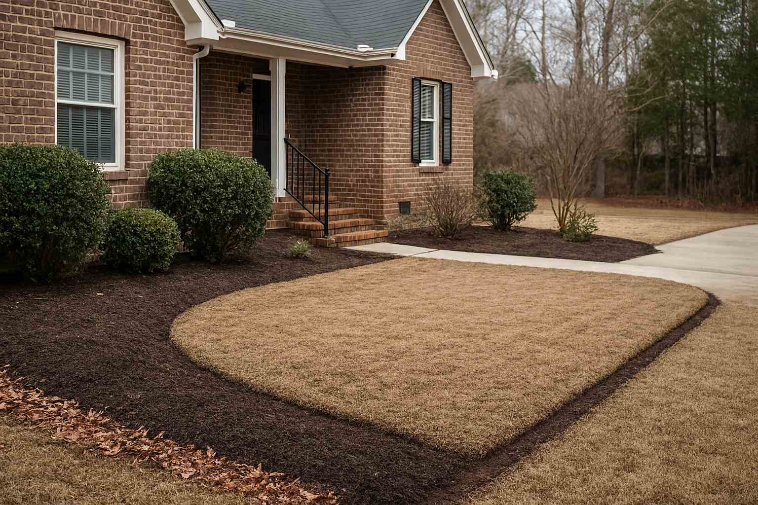 Neatly maintained residential front yard in late winter in Sanford, with cleared debris and tidy lawn edges.