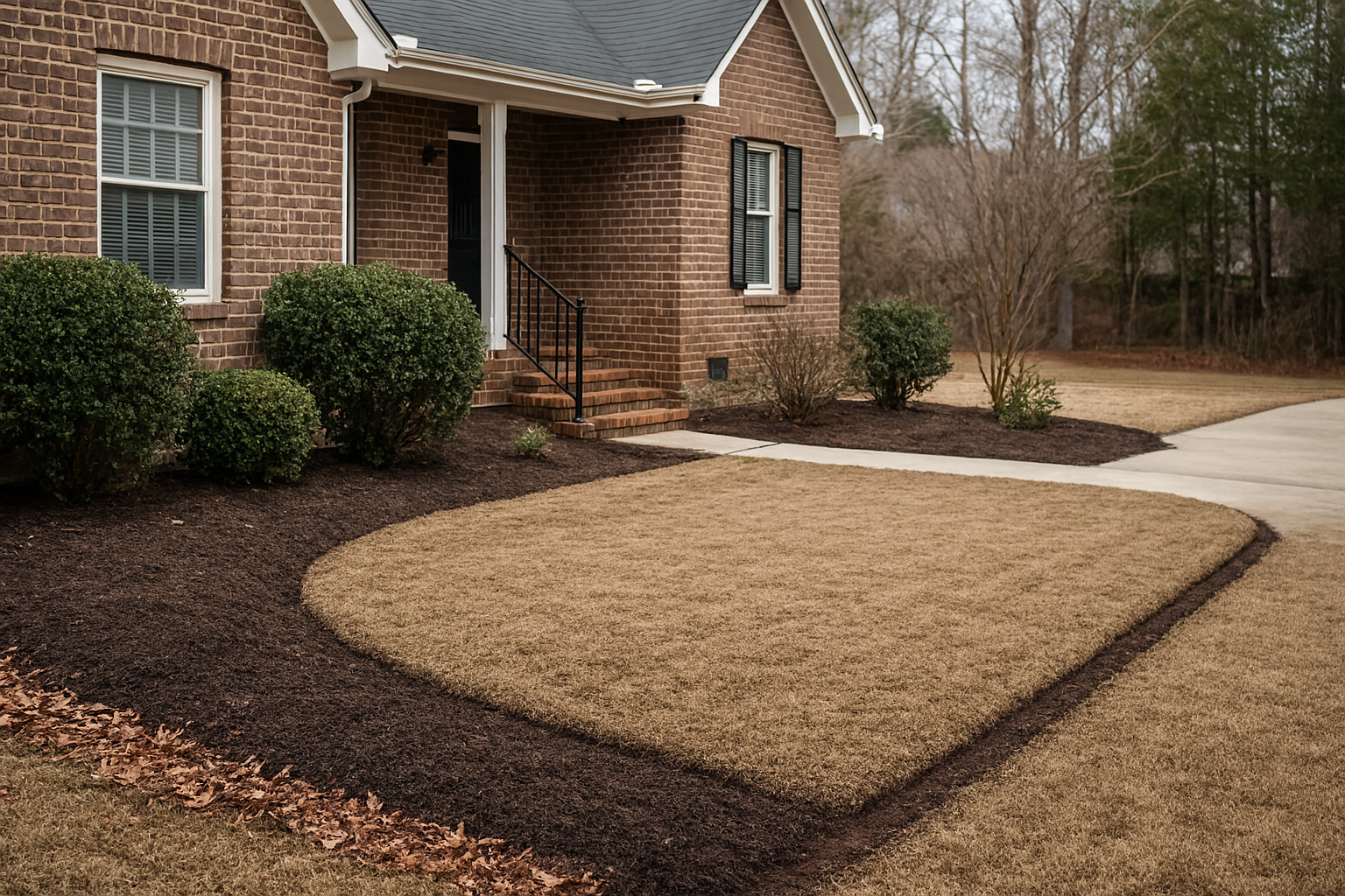 Neatly maintained residential front yard in late winter in Sanford, with cleared debris and tidy lawn edges.