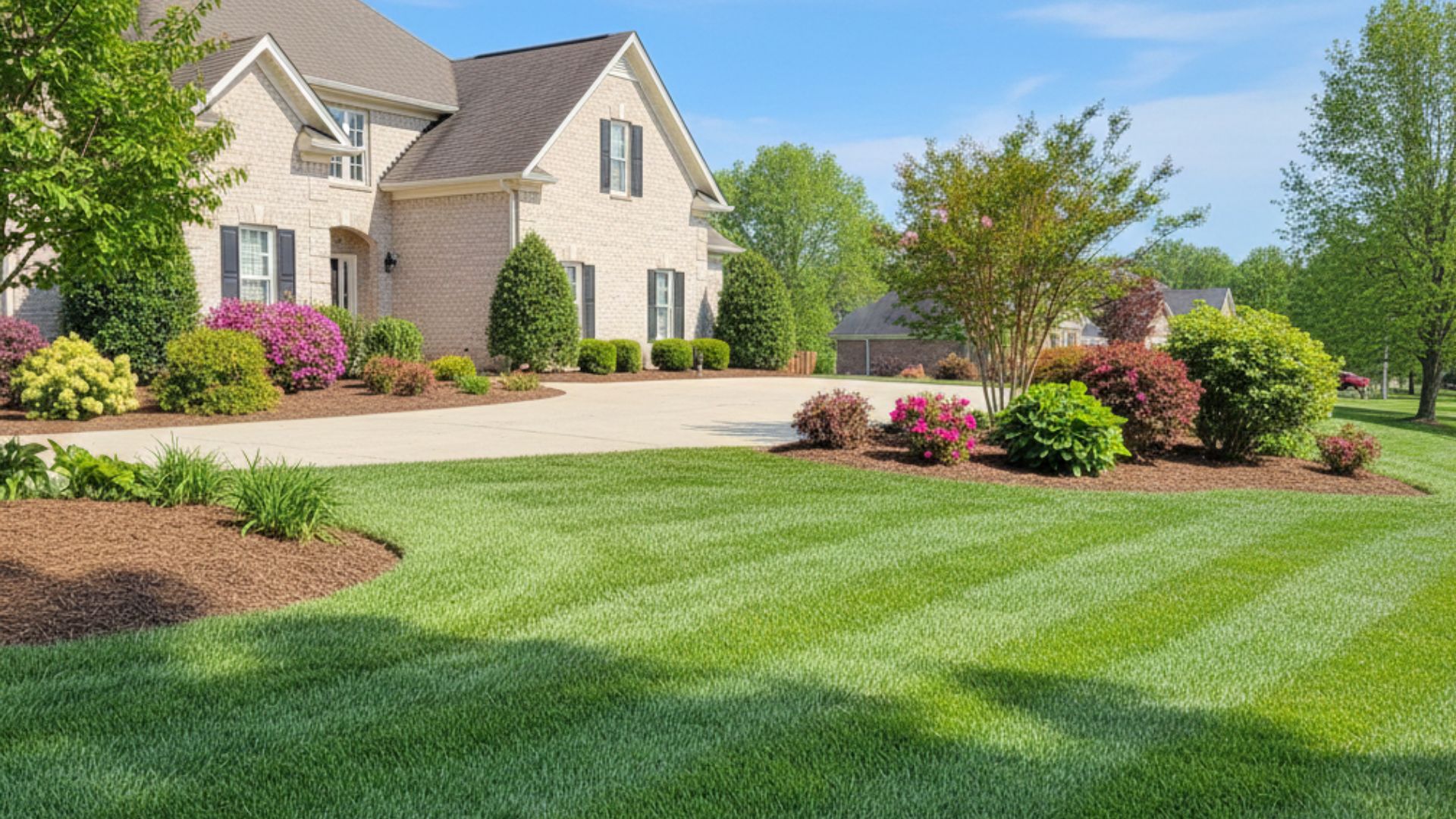 Lush green spring lawn with clean mowing lines and crisp driveway edging at a Sanford, NC home.
